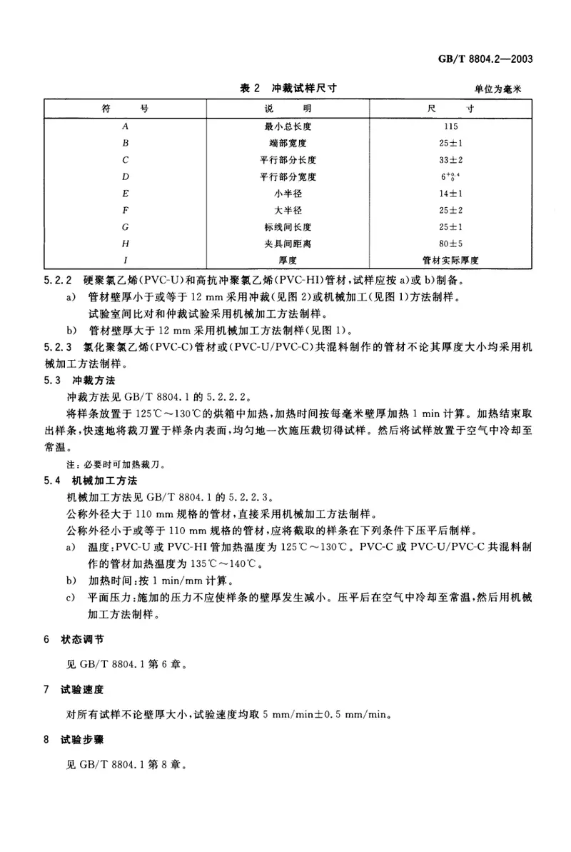 GBT8804.2-2003热塑性塑料管材拉伸性能测定第2部分：硬聚氯乙烯(PVC-U)、氯化聚氯乙烯(PVC-C)和高抗冲聚氯乙烯(PVC-HI)管材 预览图