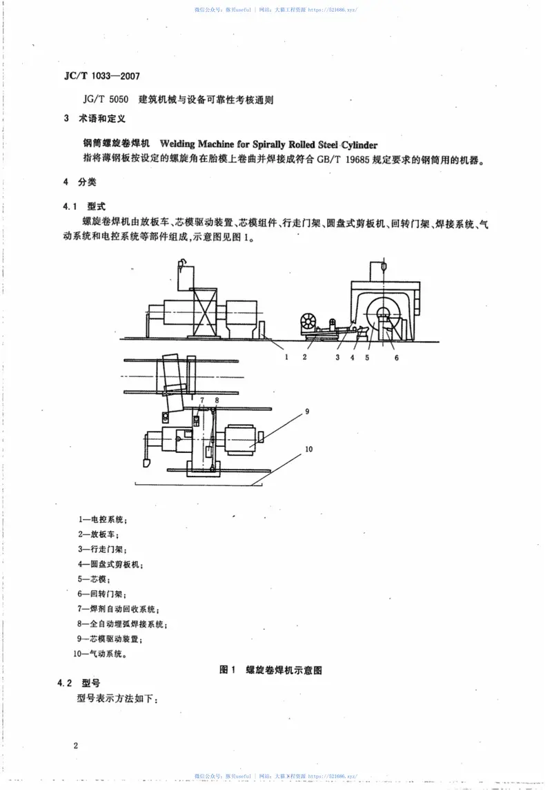 JCT1033-2007预应力钢筒混凝土管用钢筒螺旋卷焊机 预览图