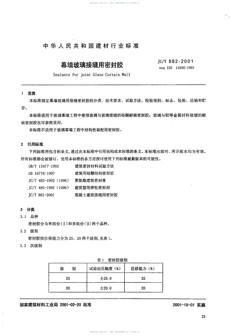 JCT882-2001幕墙玻璃接缝用密封胶 预览图