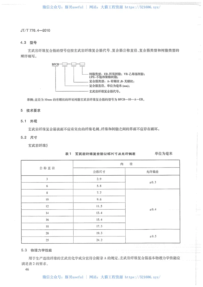 JTT776.4-2010公路工程玄武岩纤维及其制品第4部分：玄武岩纤维复合筋 预览图