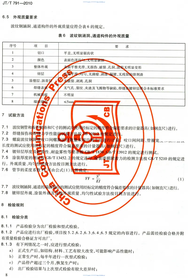 JTT791-2010公路涵洞通道用波纹钢管(板) 预览图